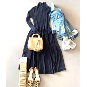 유니클로 3D 메리노울 모크넥 리브 원피스 롱 차콜 L