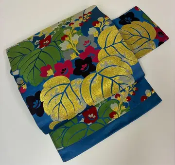 앤티크 공단 나고야 오비 부채와 풀꽃 기모노 레트로