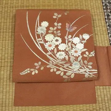 시칸 브라운에 금실과 금박, 하기와 국화 나고야 오비