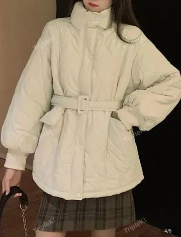 무지 패턴 드롭 숄더 벨트 퀼팅 코트