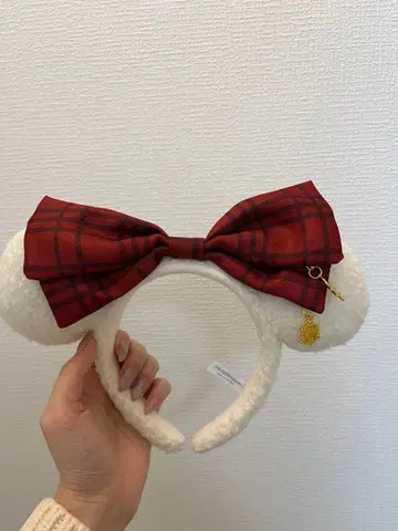 귀 달린 머리띠 빨간색 체크 무늬