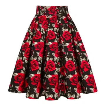 레드 로즈 종아리 기장 플레어 스커트