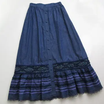 새상품 비드로포엠 데님 롱 플레어 스커트 허리밴딩 일본제