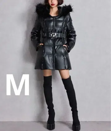 GYDA GD 벨트 포함 인조 가죽 롱 다운 코트 BLK M 사이즈