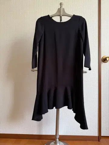 7부 소매 원피스 블랙 백리본