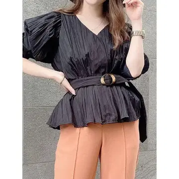 EIMY ISTOIRE 블랙 플리츠 반팔 상의 허리 벨트 포함