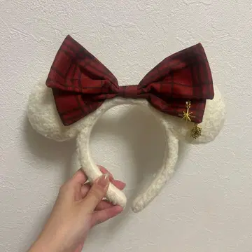 미키 모양 머리띠 체크 무늬 리본 포함
