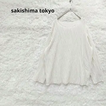 사키시마 도쿄 긴팔 트위스트 스트라이프 시어 탑 루즈핏 아이보리