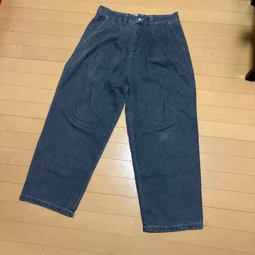 다크 블루 와이드 데님 팬츠 플리츠