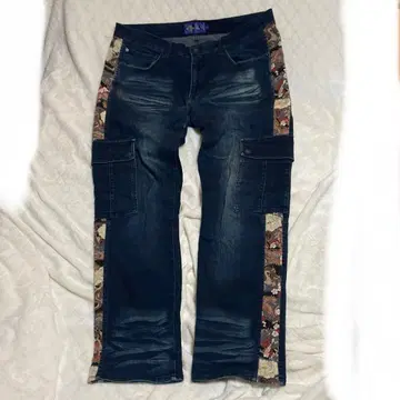 미야비유이 데님 카고 팬츠 일본풍 패턴 스트레치 36