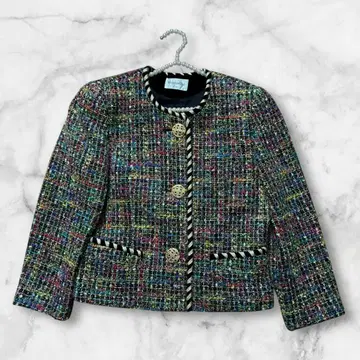 빈티지 멀티 컬러 트위드 노카라 자켓 골드 버튼 9