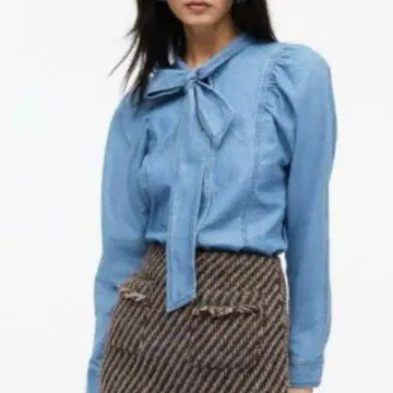 H&M 데님 보타이 블라우스 셔츠 블루 XL