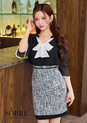 SOBLE 리본 트위드 드레스 블랙 화이트 원피스 7부 소매 캬바쿠라