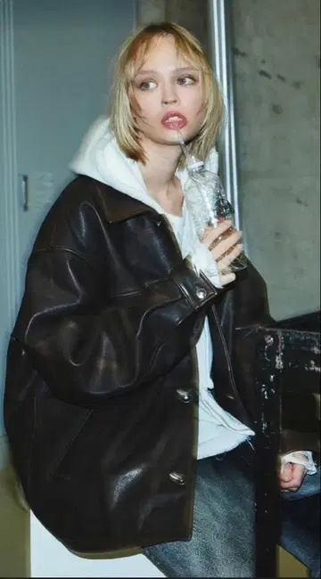 OPENING ACT 빈티지 가공 카우 가죽 카 코트 자켓