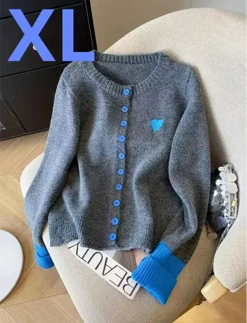 귀여운 U 그레이/파랑 하트 자수 가디건 XL 멋쟁이