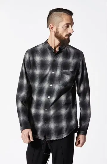 새상품 BACKLASH 울 스탠드 카라 체크 플란넬 셔츠 / 가죽 크러쉬