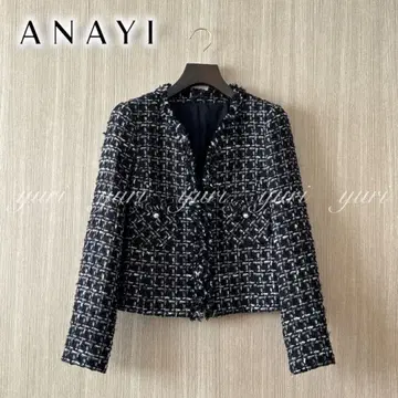 [ 879 ] 아나이 테이프 트위드 변형 노카라 자켓 블랙 화이트 38