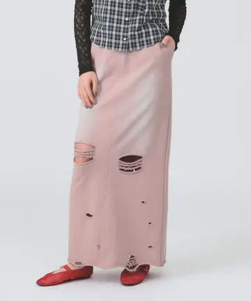 데미지 가공 롱 스커트 핑크