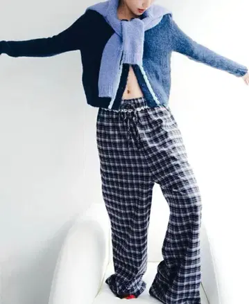 miette x 스가누마 유리 / 허리 프릴 체크 와이드 팬츠