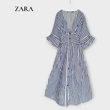 ZARA 자라 롱 셔츠 원피스 S V넥 스트라이프 블루