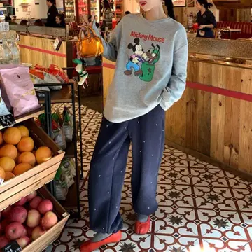 택 포함 새상품 [ 2리터 네이비 블루 스웨트 팬츠 ] 도트 자수