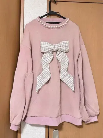 Swankiss 리본 맨투맨 후드티 핑크 트위드 펄 새상품급