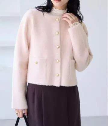 VIS 접결 미니 페더 니트 자켓 가디건 핑크 아이보리