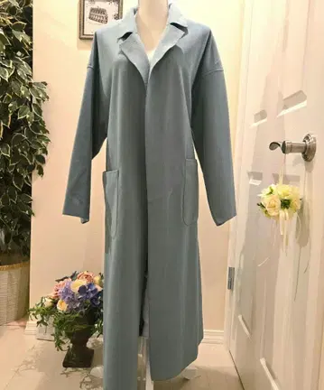 초 세련된 민트 블루그린 롱 코트 라펠 칼라