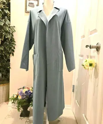 초 세련된 민트 블루그린 롱 코트 라펠 칼라