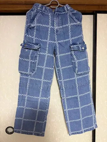 체크 무늬 카고 데님 팬츠