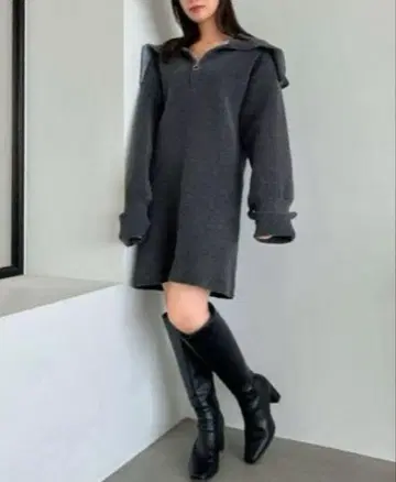 dazzlin 오버 칼라 니트 미니 원피스 차콜 그레이/581