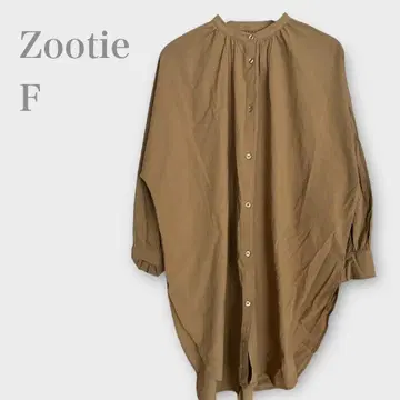 ZUTIE 밴드 카라 셔츠 롱 원피스 긴팔 오버 사이즈 브라운