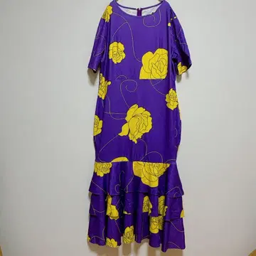[ XL ] 보라색 옐로우 컬러 꽃무늬 프릴 롱 원피스 개성적