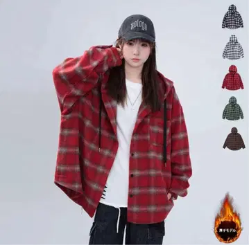 [ 새상품 ] 후드 부착 레드 체크 셔츠 M