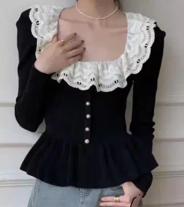 니트 스웨터 레이스 밑단 프릴 디자인 롱 슬리브 상의 여성용