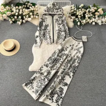 한국 디자인 모던 후드 부착 플라워 꽃무늬 팬츠 셋업 니트