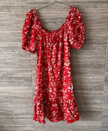 플라워 프린트 미니 원피스 레드 빨간색 반팔 튜닉