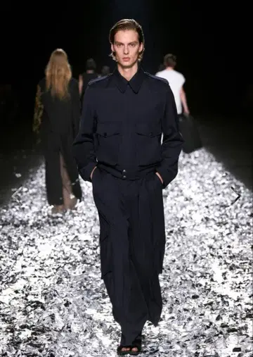 DRIES VAN NOTEN 네이비 와이드 턱 팬츠