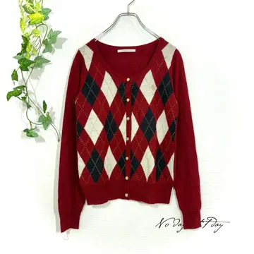 올리브 아가일 무늬 가디건 레드 울 혼방 구제 의류 골드 버튼