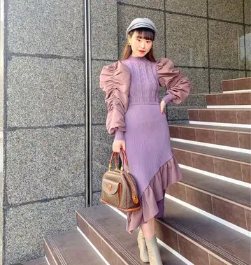 퍼플 니트 원피스 볼륨 소매