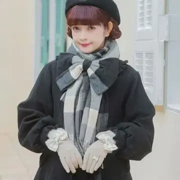 시마무라 아오키 미사코 머플러 스톨 리본 포함 체크 머플러