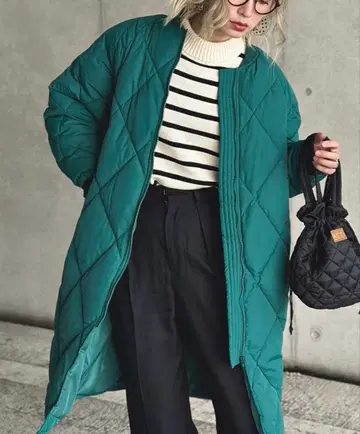 CORNERS/다이아 퀼팅 롱 자켓/그린/L