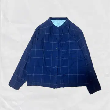 빈티지 네이비 컬러 체크 무늬 밴드 카라 셔츠