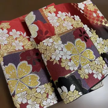 후쿠로 오비 육통 벚꽃 금실 블랙 빨간색 크림슨