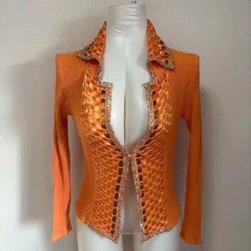 유키코 하나이 자켓풍 니트 가디건 [ M 상당 ] 오렌지 스팽글