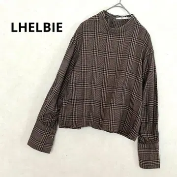 타탄 체크 패턴 브라운 계열 스탠드 카라 셔링 소매 프리 사이즈 상의