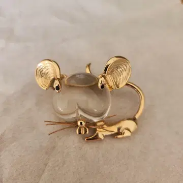 빈티지 앤틱 골드 메탈 & 유리 마우스 브로치 brooch