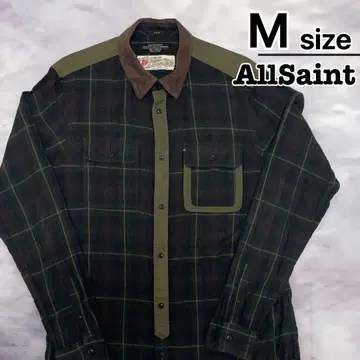 AllSaint 긴팔 셔츠 M 체크 다크 그린 코듀로이 옷깃 구제 의류