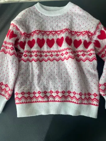 칩 클립 하트 무늬 니트 스웨터 긴팔 화이트/레드