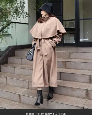 로얄 파티 2way 케이프 부착 롱 코트 브라운